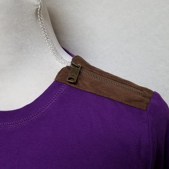 RALPH Lauren Purple Brown Faux Suede Elbow Patch Shoulder Zip Long Sleeve Top - Picture 4 of 13